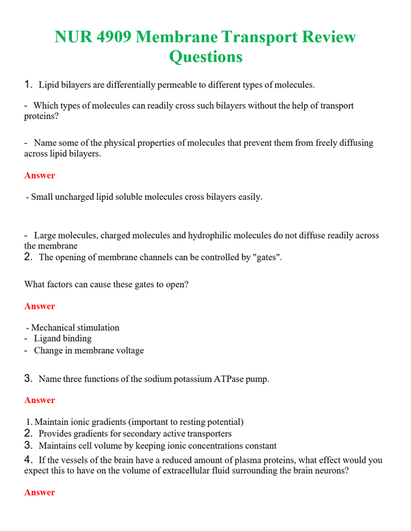 NUR 4909 MEMBRANE TRANSPORT REVIEW QUESTIONS | WITH 100% VERIFIED ANSWERS