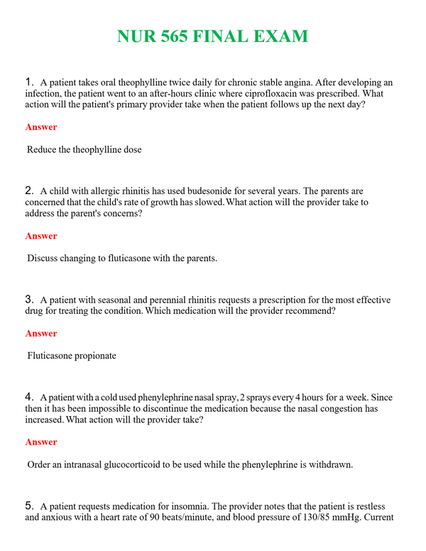 NUR 565 FINAL EXAM | COMPLETE QUESTIONS & ANSWERS (SOLVED) 100% CORRECT