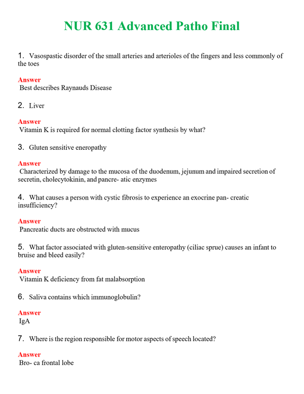 NUR 631 ADVANCED PATHO FINAL | COMPLETE ANSWERS 100% CORRECT