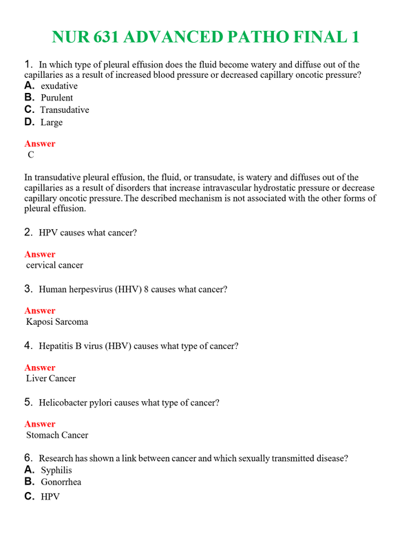 NUR 631 ADVANCED PATHO FINAL 1 | ACTUAL QUESTIONS AND ANSWERS 100% CORRECT