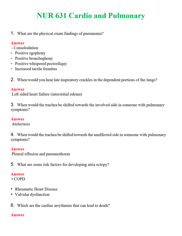 NUR 631 CARDIO AND PULMONARY | GRADED A+ QUESTIONS & ANSWERS