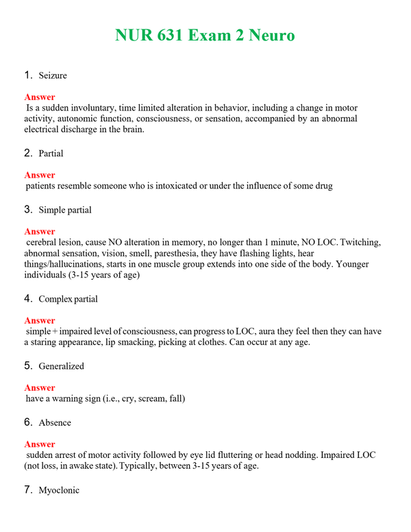 NUR 631 EXAM 2 NEURO | WITH 100% VERIFIED ANSWERS