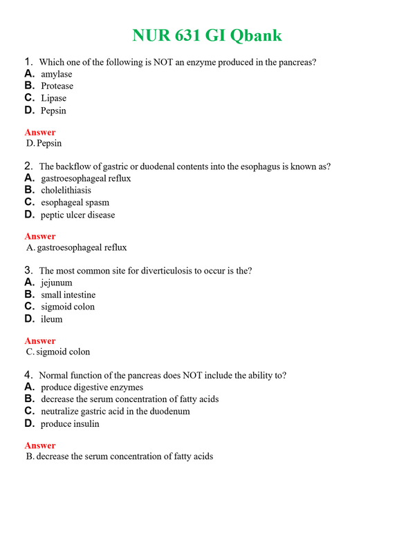 NUR 631 GI QBANK | WITH 100% VERIFIED ANSWERS