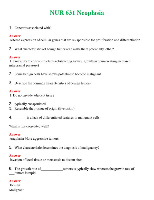 NUR 631 NEOPLASIA | GRADED A+ QUESTIONS AND ANSWERS (SOLVED)