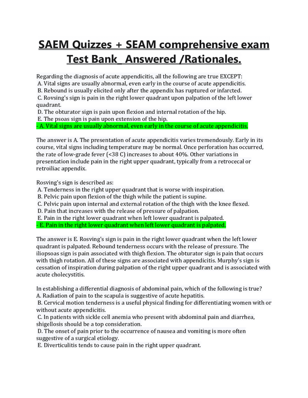 Emergency Medicine SAEM Quizzes, Comprehensive Exam test bank (answered correctly/deeply elaborated) .
