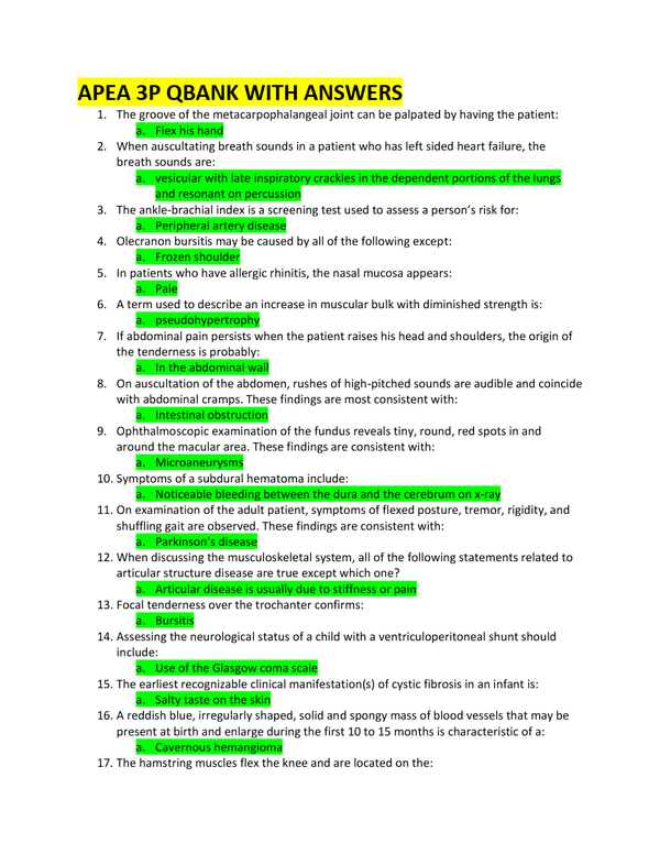 APEA 3P TEST BANK WITH ANSWERS | NURSING NUR-634 | APEA 3P Practice Qbank - (A+ GUIDE)