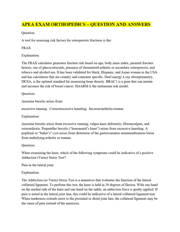 APEA EXAM ORTHOPEDICS – QUESTION AND ANSWERS | APEA Ortho Test bank