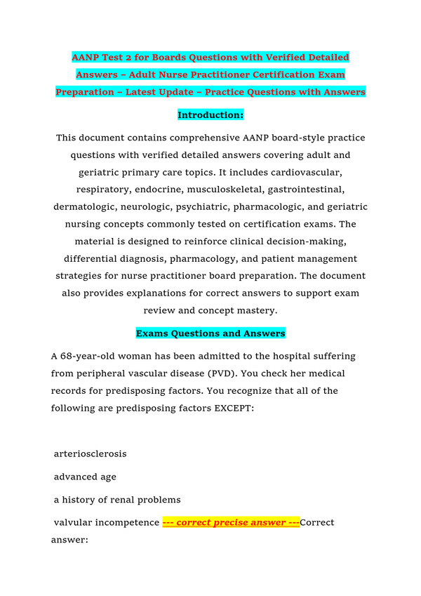 AANP Test 2 for Boards Questions with Verified Detailed Answers – Adult Nurse Practitioner Certification Exam