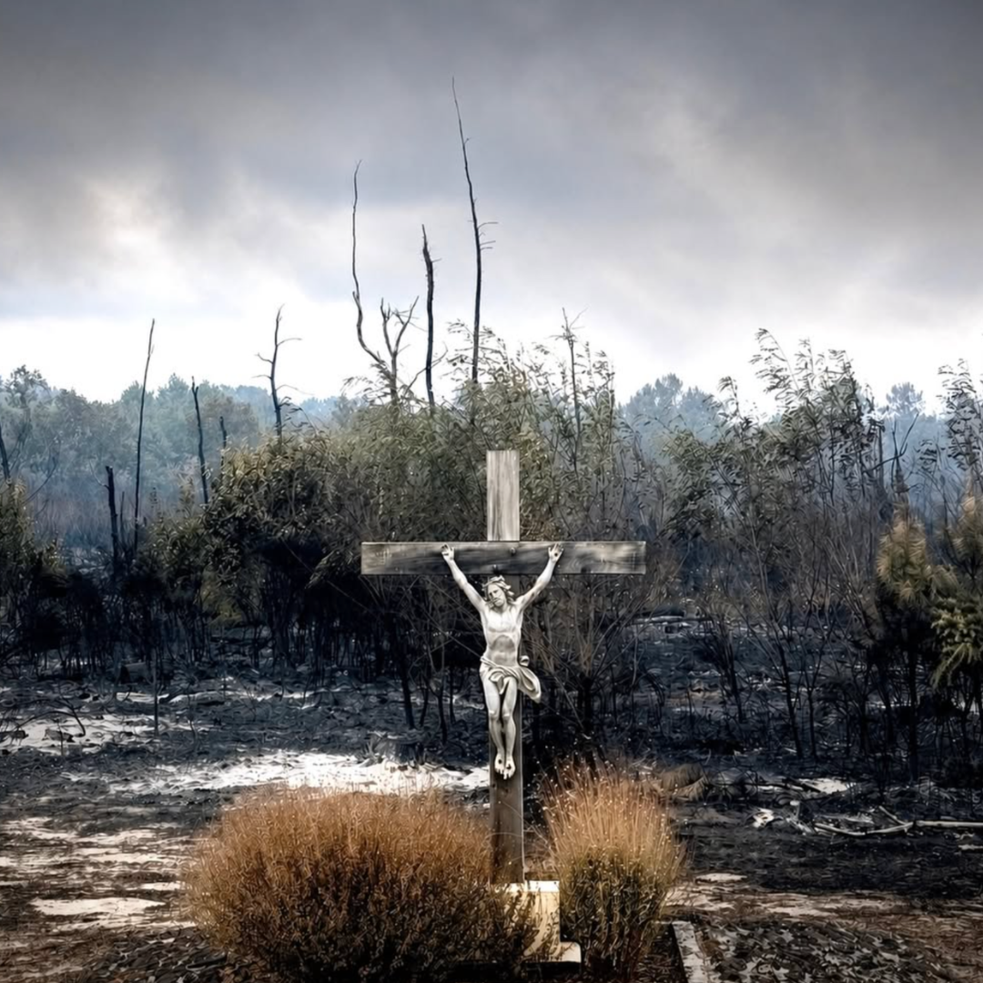Il Fuoco ha colpito il Posto due Volte, ma il Crocifisso è rimasto in piedi: la Storia dietro la Foto di cui Tutti parlano