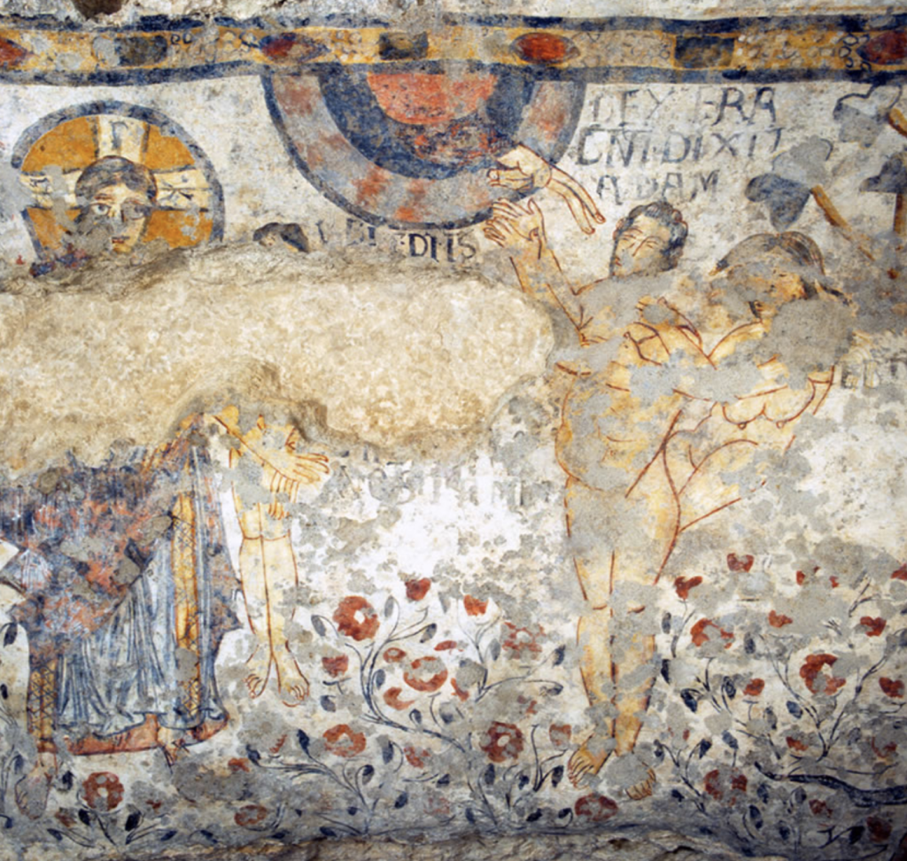 L'episodio della Creazione dell'uomo ha come punto focale il contatto tra le dita del Creatore e quelle di Adamo, attraverso il quale si trasmette il soffio della vita. Molto simile al capolavoro di Michelangelo nella Cappella Sistina