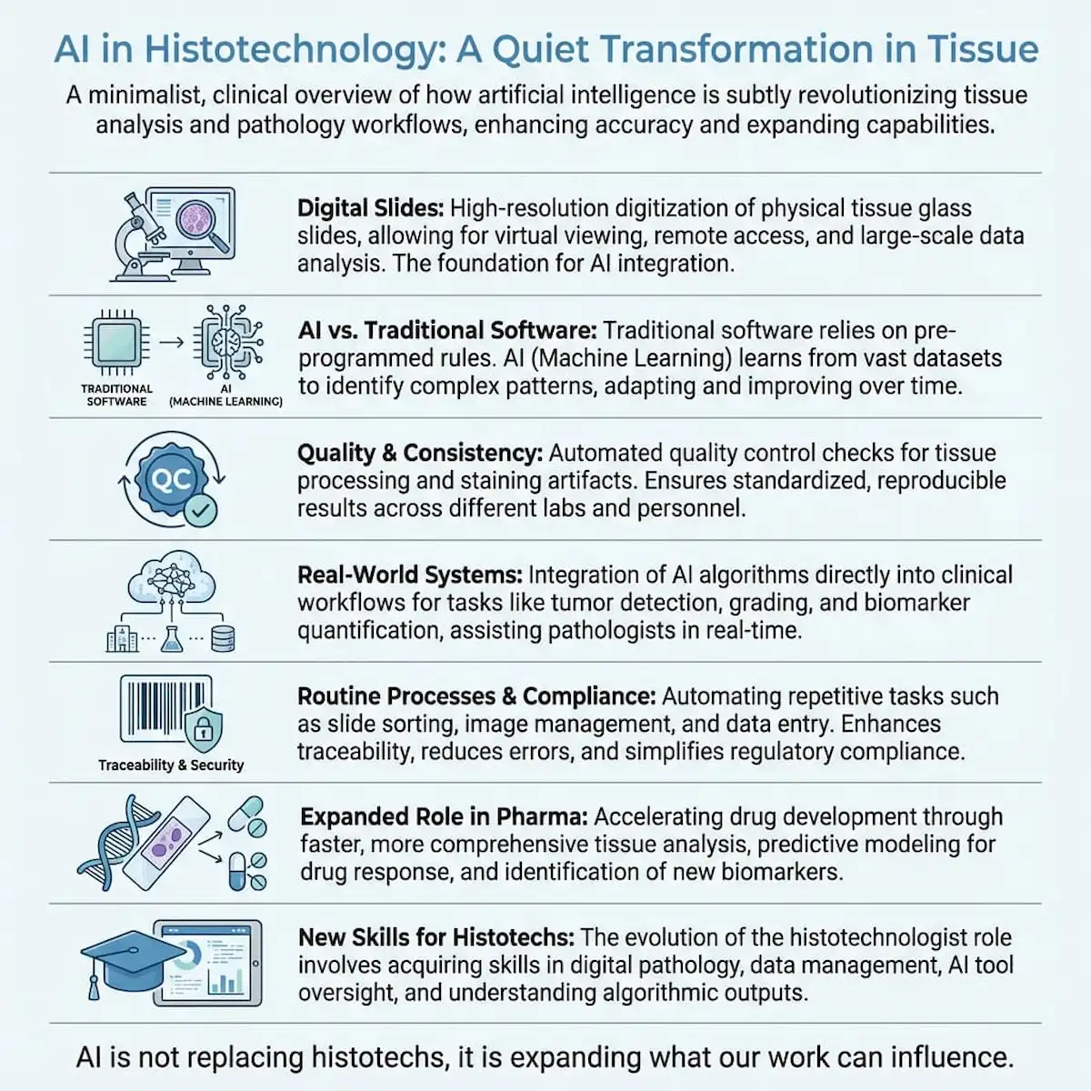 Infographic on AI in histotechnology covering digital slides, quality control, clinical integration, pharma applications, and evolving histotech skills.