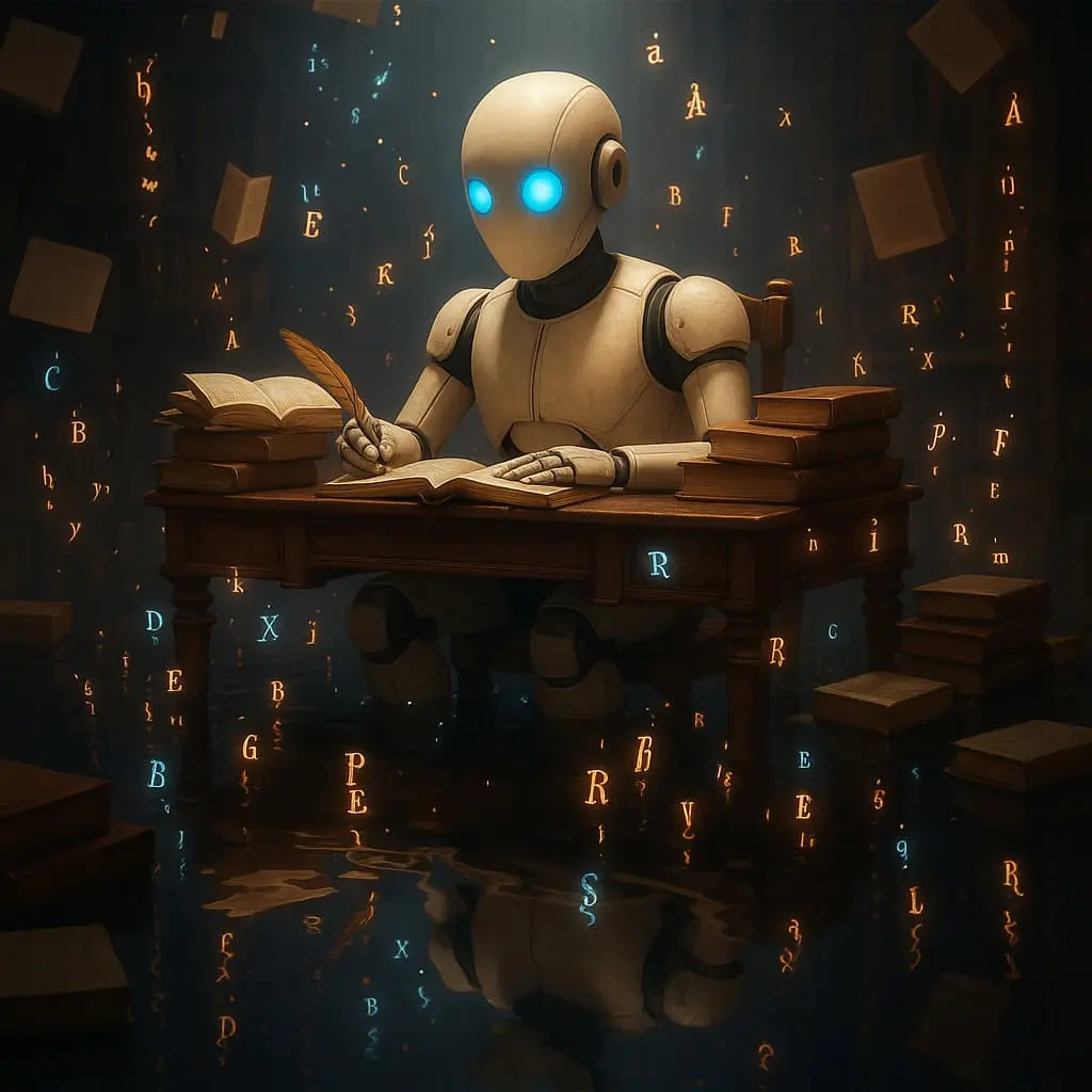 Humanoid robot with glowing blue eyes sitting at a wooden desk, writing with a quill pen in an old book, surrounded by floating glowing letters and stacks of ancient books