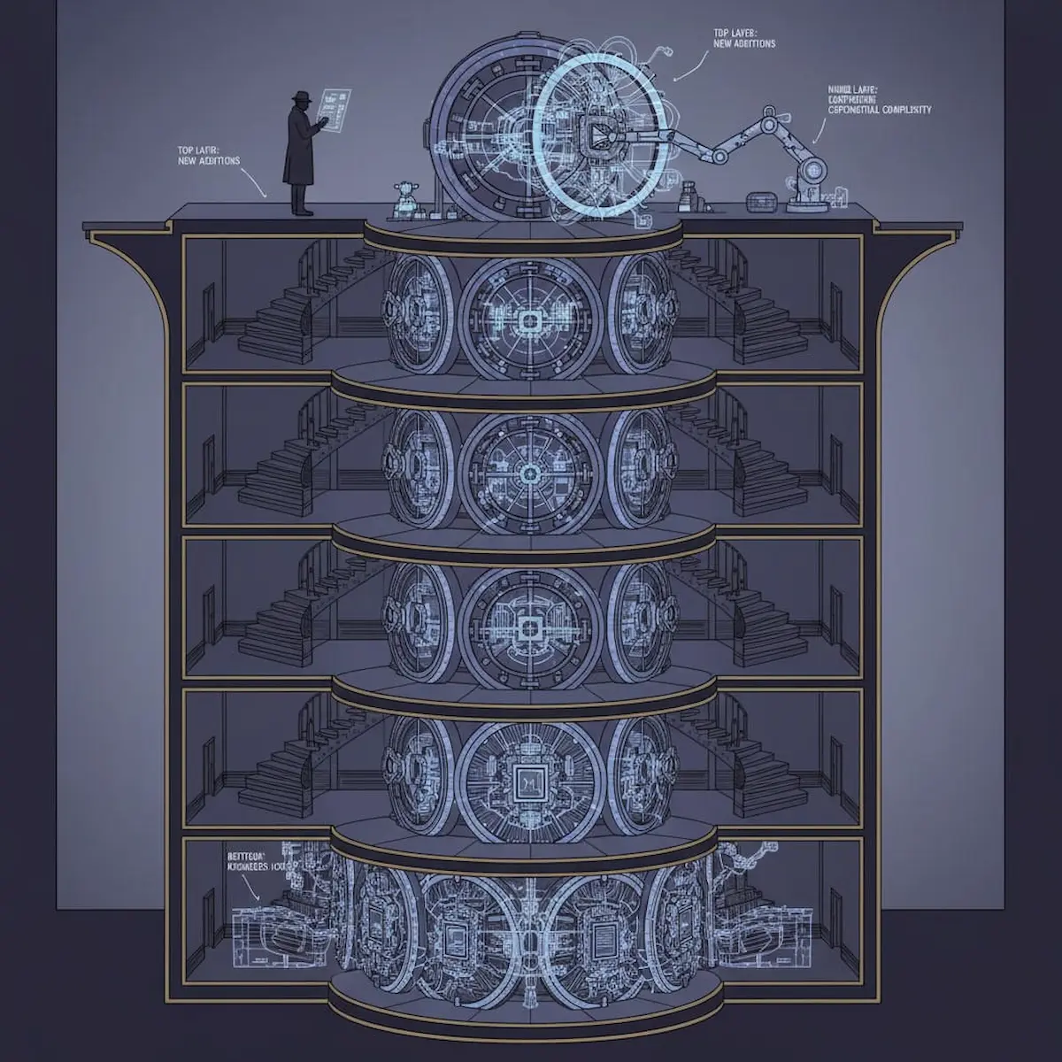 Cross-section of stacked vault chambers connected by stairs, illustrating Bitcoin blockchain's layered proof-of-work security growing harder over time 