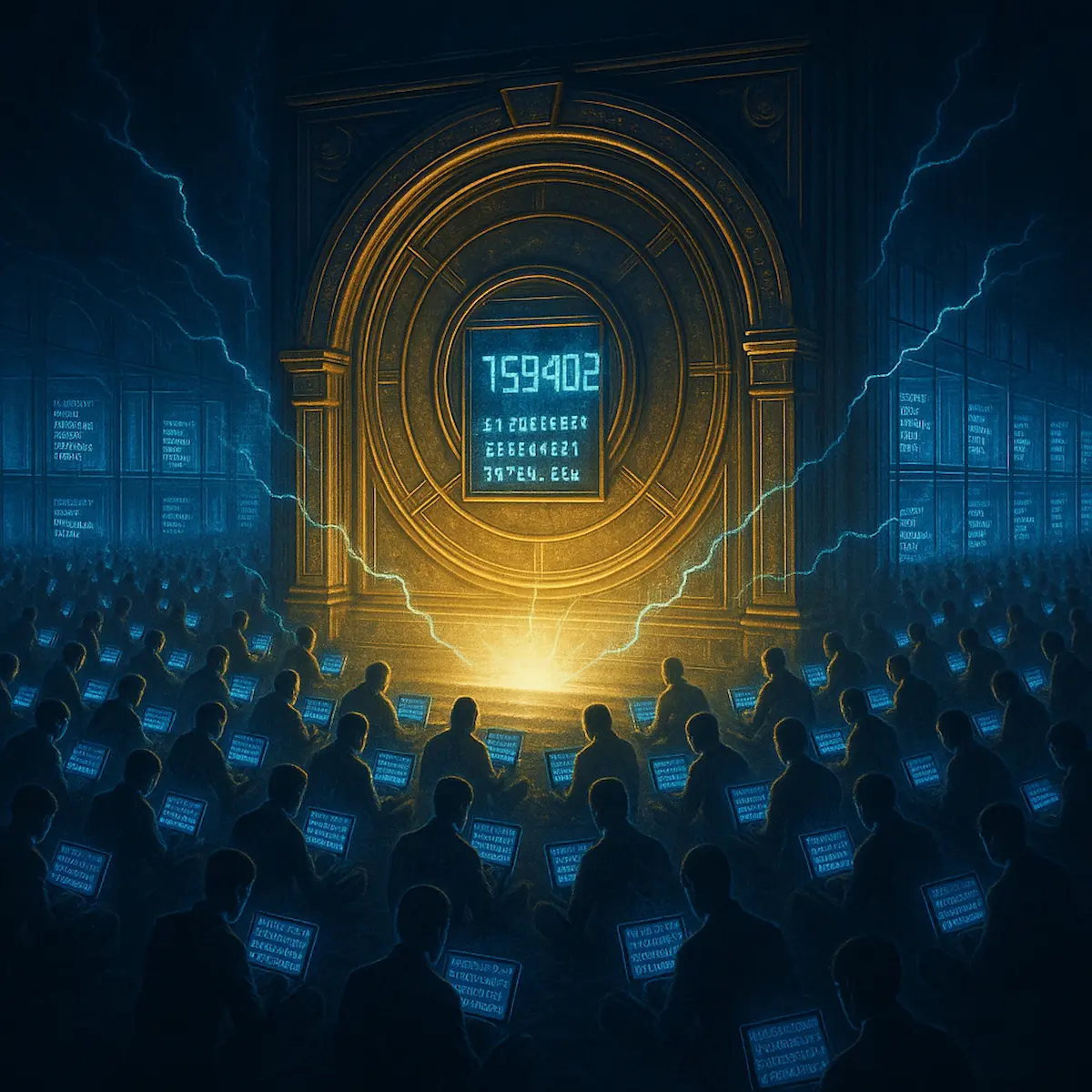 Crowd of miners with laptops facing a glowing golden vault displaying a numeric code, illustrating Bitcoin's proof-of-work mining competition