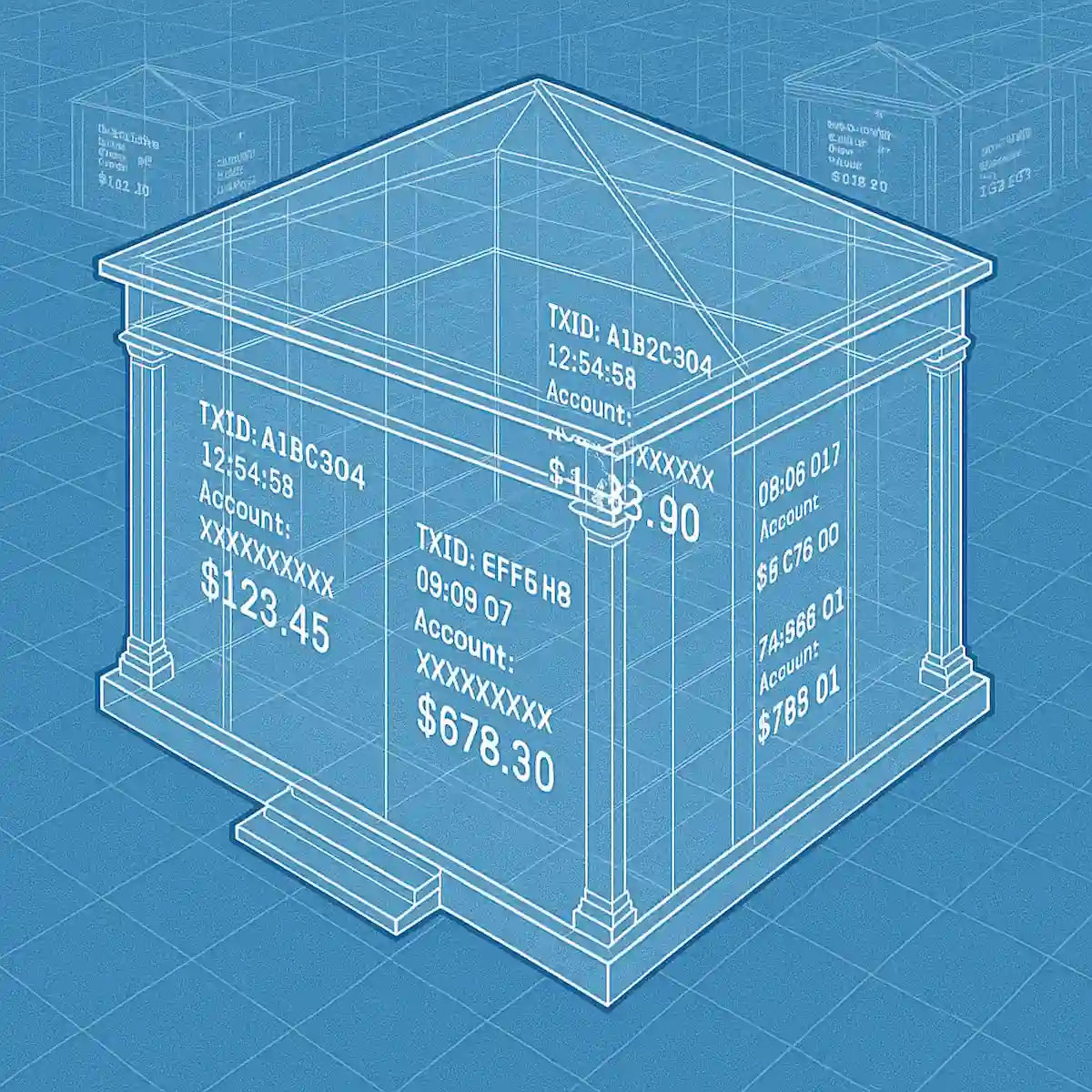 Blueprint illustration of a glass museum with transaction IDs and dollar amounts on its walls, symbolizing Bitcoin's transparent public ledger