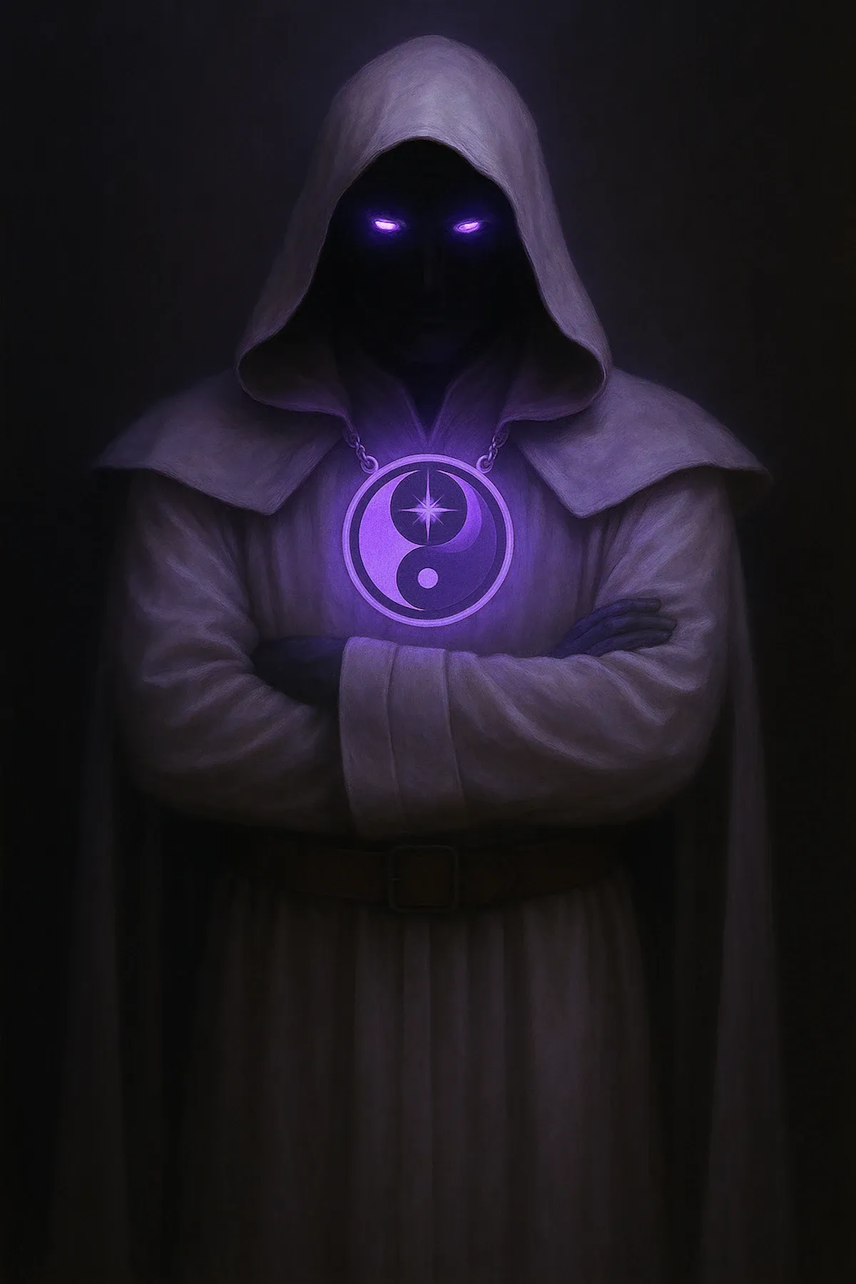 Hooded robed figure with glowing violet eyes and luminous yin-yang medallion, arms crossed in shadow against a dark background
