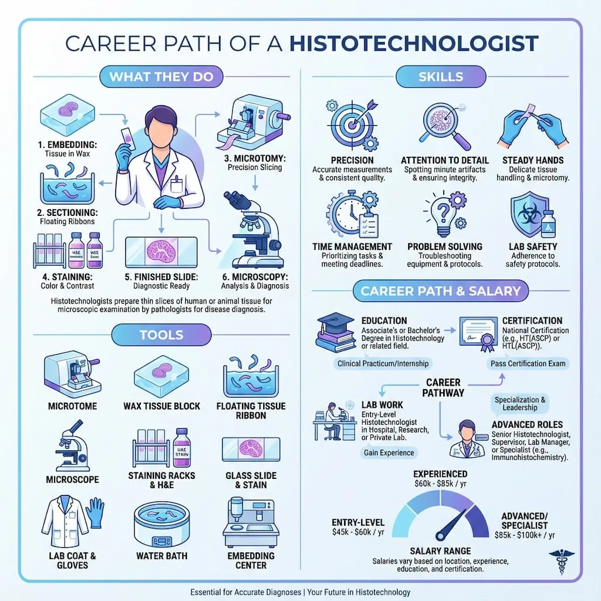 Infographic on the histotechnologist career path: daily workflow, key skills, lab tools, education and certification, and entry to advanced salary ranges. 