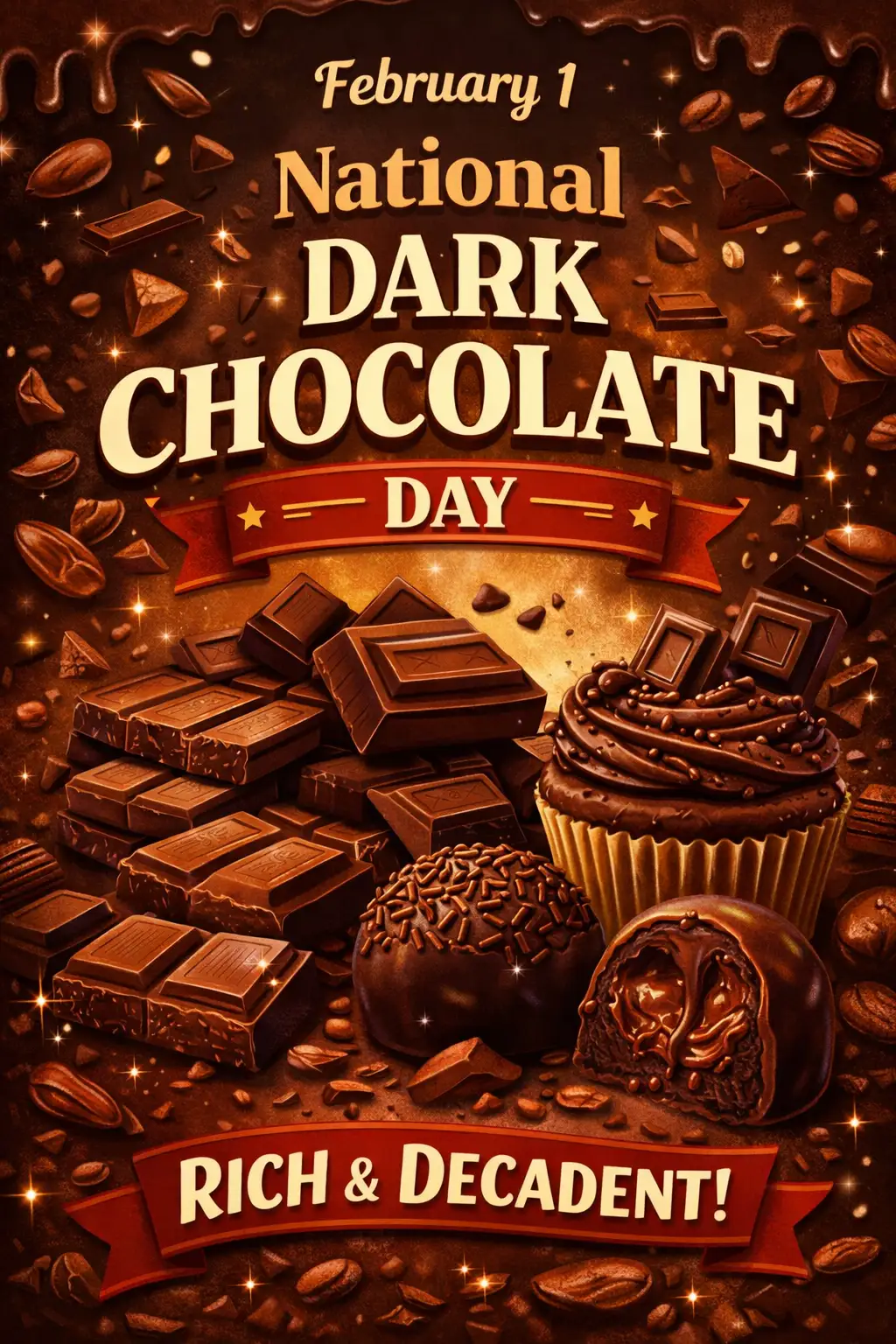 National Dark Chocolate Day February 1 poster with chocolate bars, truffles, cupcake, and cocoa beans on a sparkling brown background.