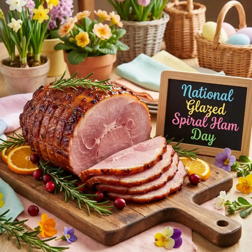 National Glazed Spiral Ham Day April 15 scene with sliced honey-glazed ham, rosemary, oranges, cranberries, and pastel spring flowers.