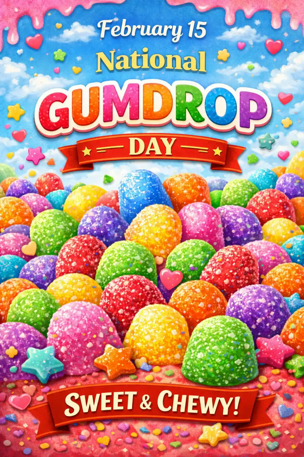 National Gumdrop Day February 15 poster with colorful rainbow gumdrops, sugar stars, candy hearts, and a "Sweet & Chewy" banner.