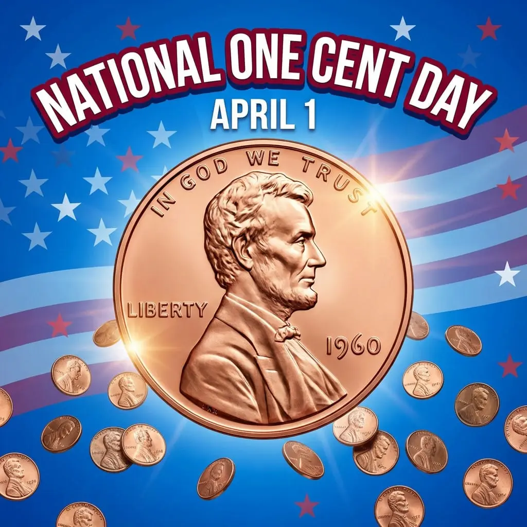 National One Cent Day April 1 poster featuring a large shiny Lincoln penny surrounded by scattered pennies on a patriotic blue and stars background.