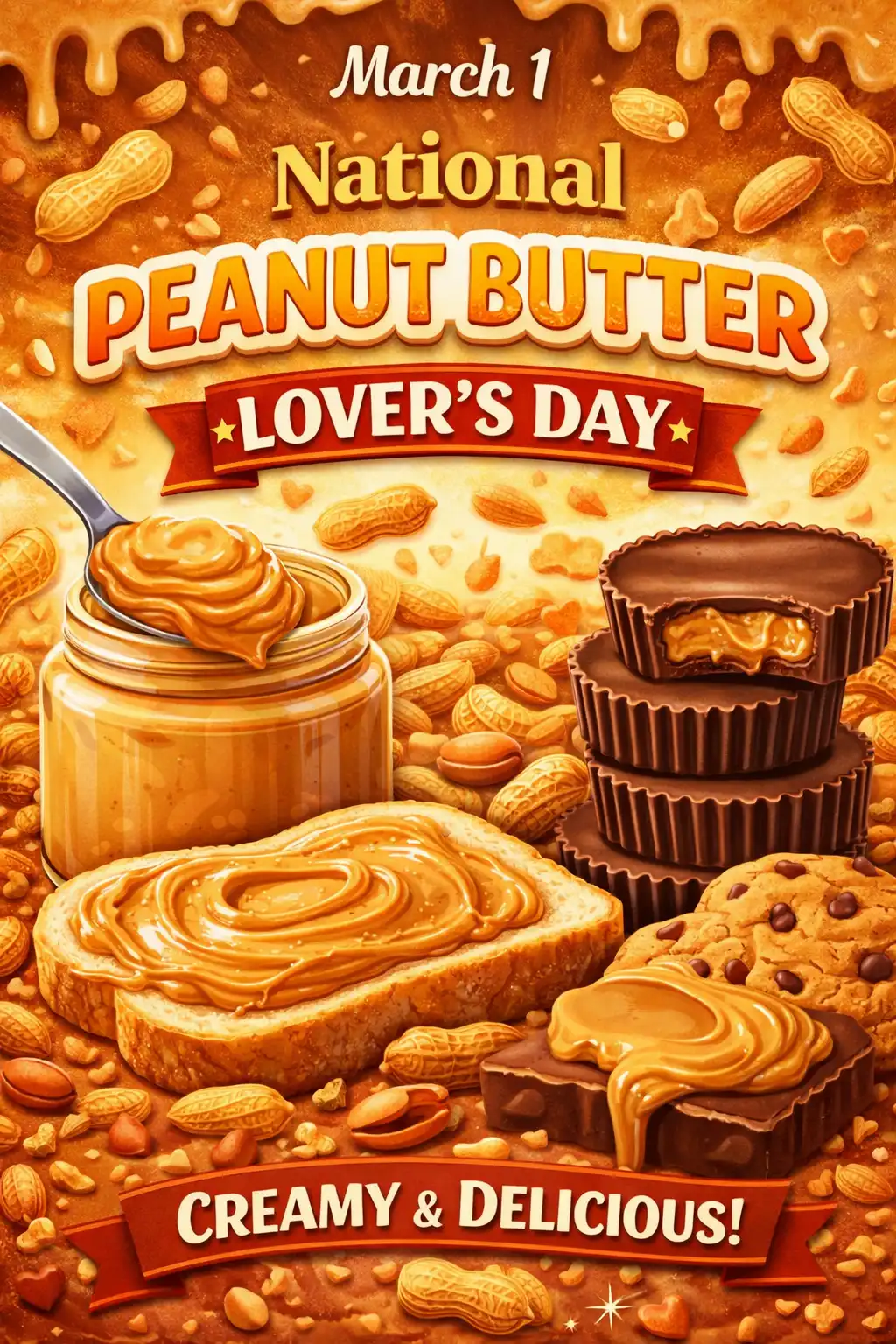 National Peanut Butter Lover's Day March 1 poster with creamy peanut butter jar, toast, cookies, chocolate cups, and roasted peanuts.