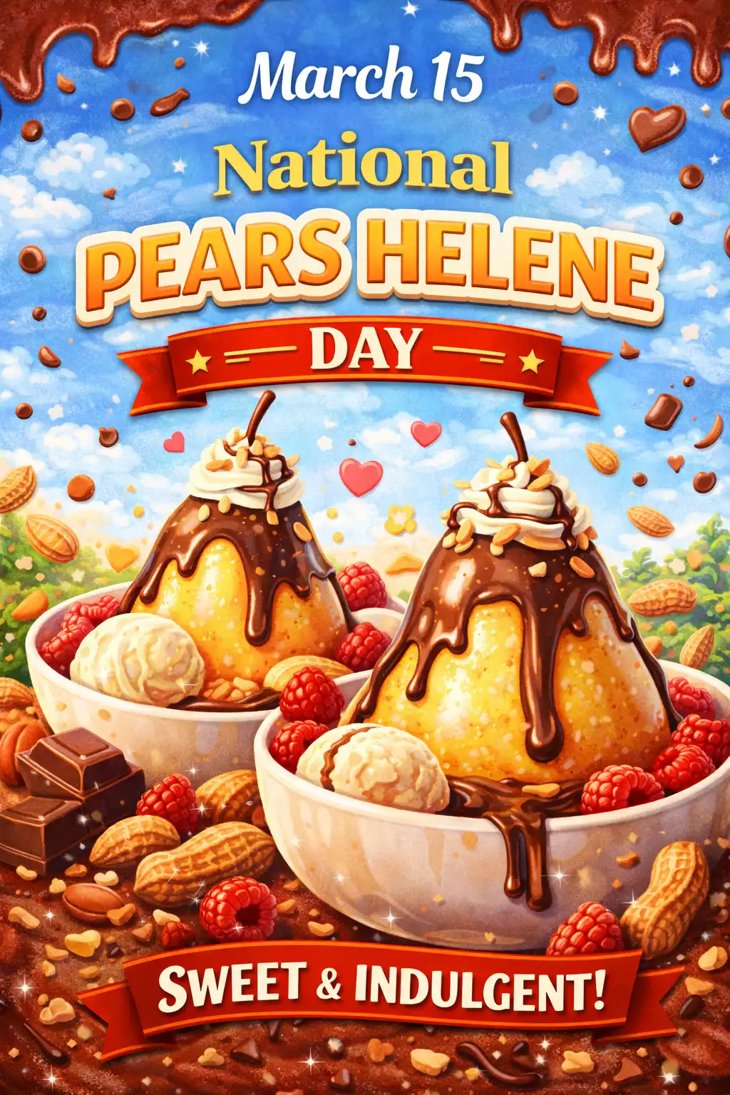 National Pears Helene Day March 15 poster with poached pears, chocolate sauce, vanilla ice cream, raspberries, and almonds in dessert bowls.