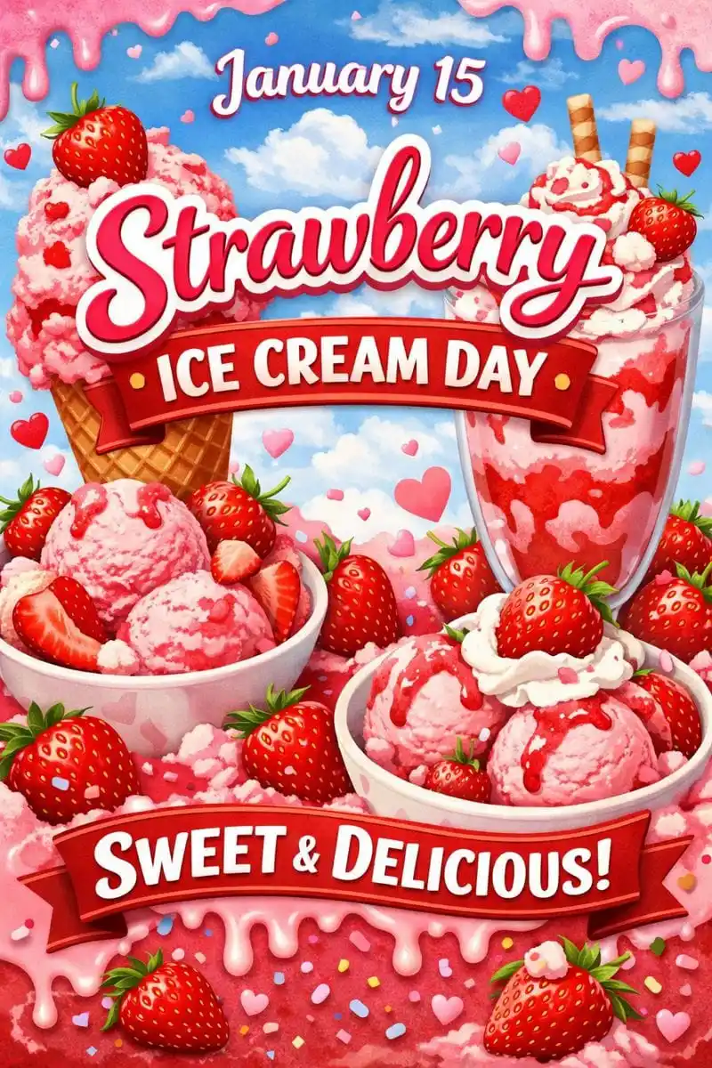 Festive January 15 Strawberry Ice Cream Day poster with pink scoops, fresh strawberries, milkshake, waffle cone, and "Sweet & Delicious" banner.
