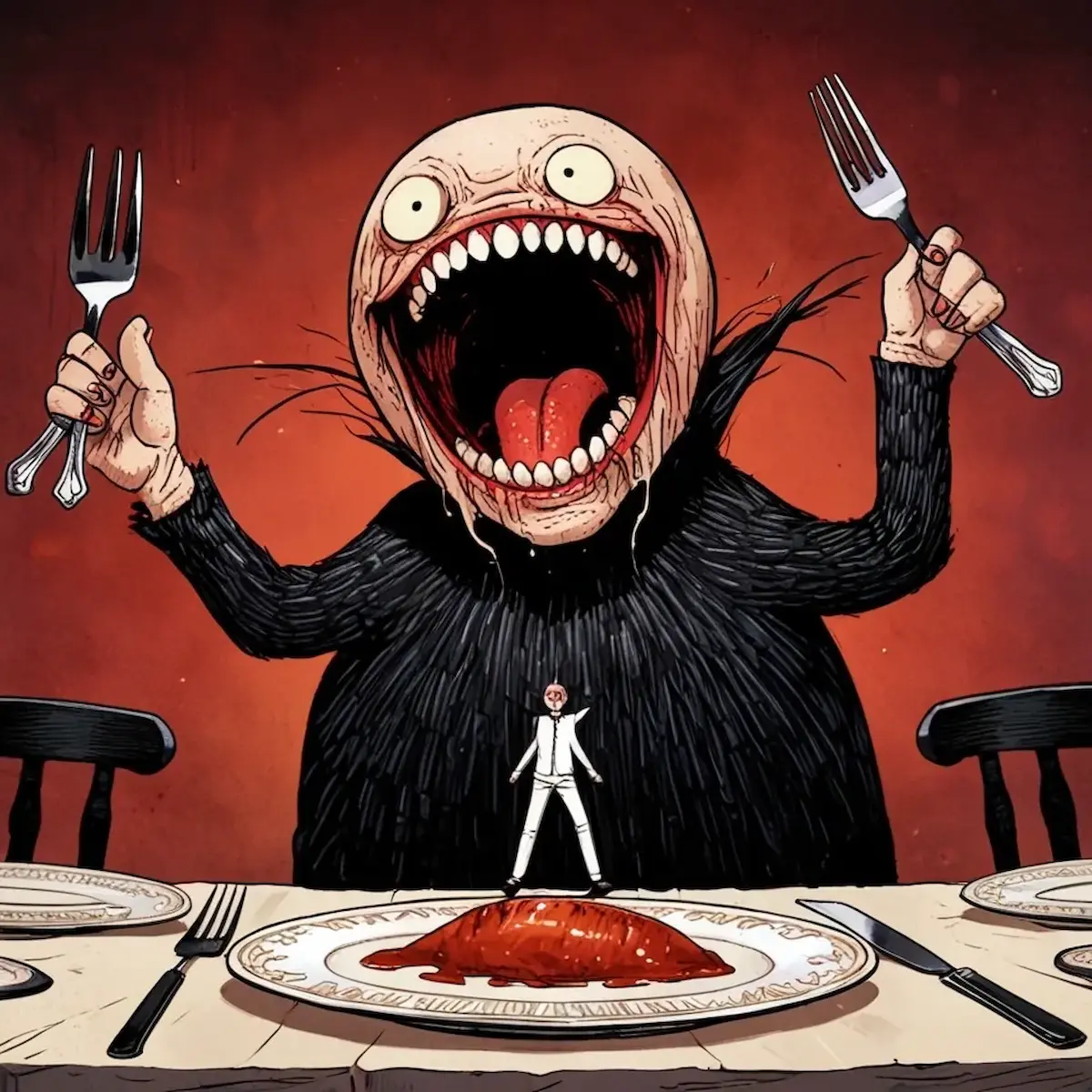Illustration of a monstrous figure with gaping mouth holding forks at a dinner table, towering over a small calm person standing on a plate