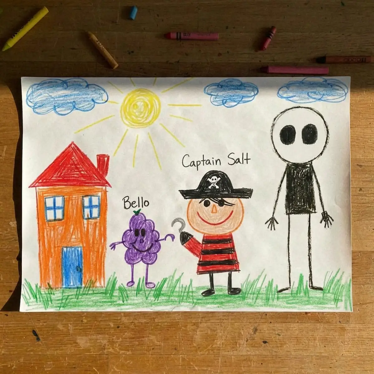 Child's crayon drawing of a house, a grape character named Bello, a pirate called Captain Salt, and a tall black silhouette figure with hollow eyes 
