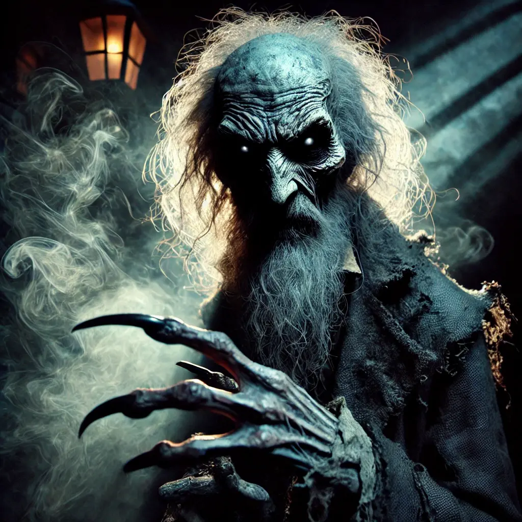 Close-up of a gaunt pale figure with milky white eyes, long white hair and beard, raising a clawed hand with long black nails, in tattered cloth amid smoke.