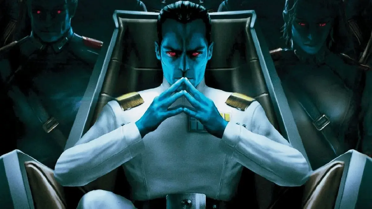Blue-skinned humanoid with red eyes in a white military uniform with gold epaulets, fingers steepled, seated in a high-backed command chair flanked by figures