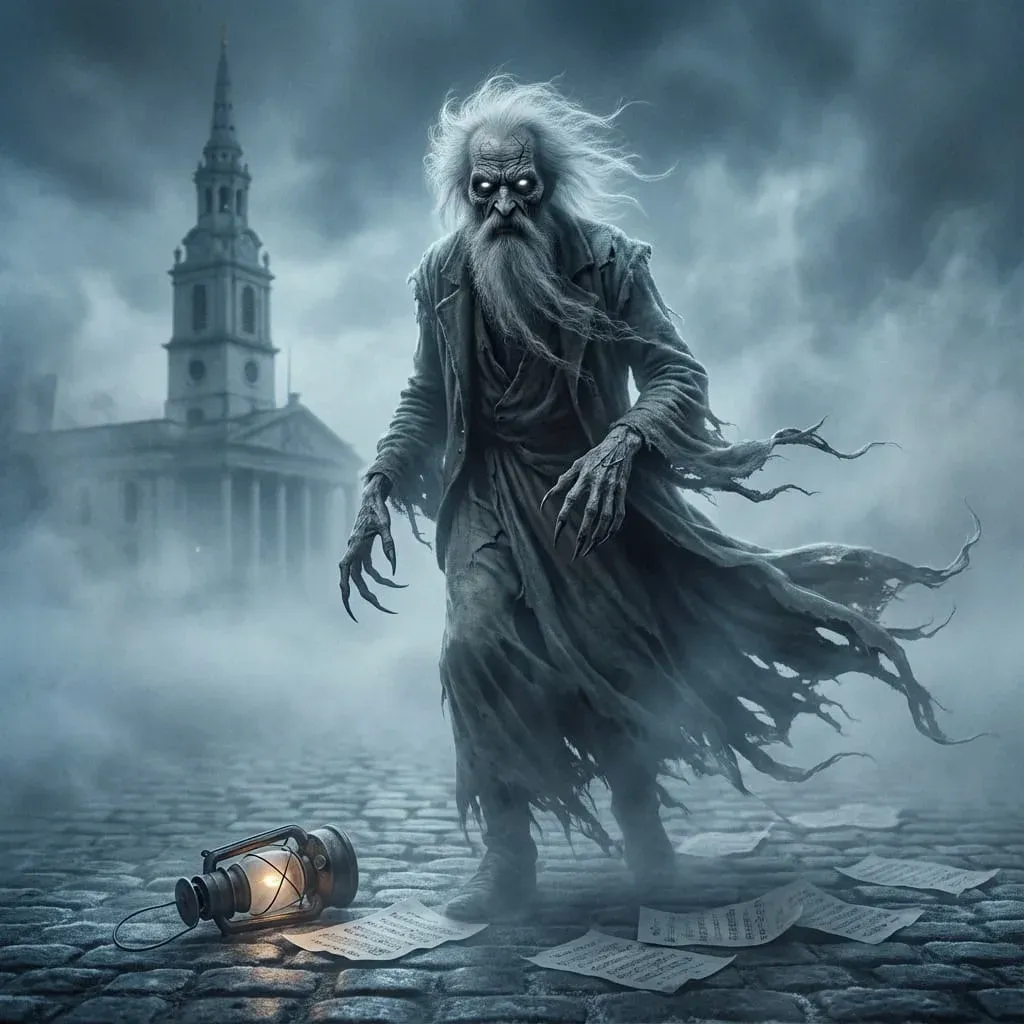 Gaunt creature with white hair and milky eyes in a tattered robe walks a foggy cobblestone street past a fallen lantern and scattered pages near a church steeple.