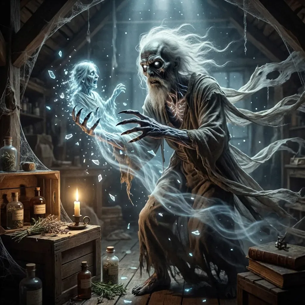 Gaunt clawed creature with white hair reaches toward a translucent ghost shattering into shards in a cobwebbed attic with apothecary bottles and a candle.