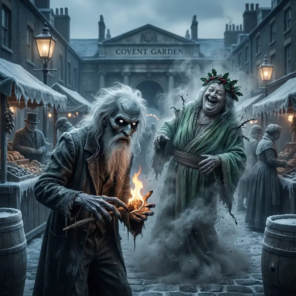 Gaunt clawed figure with white hair holds a flaming branch beside a laughing man in a green robe and holly crown in a frozen Covent Garden market with gas lamps.