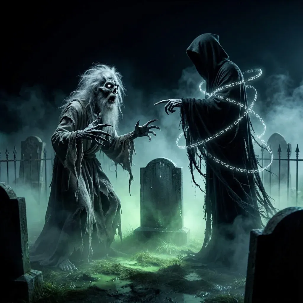 Gaunt clawed creature with white hair snarls at a tall hooded figure encircled by floating ribbons of glowing text in a misty green-lit graveyard with tombstones.