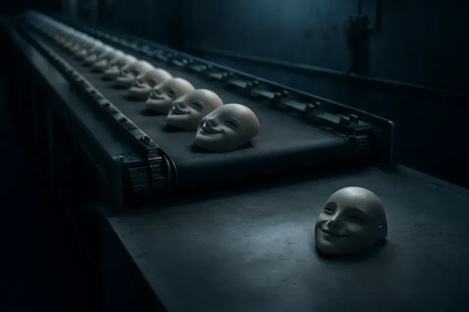 Identical smiling masks moving along a conveyor belt while one rests separately on a ledge, symbolizing individuality within hustle culture sameness