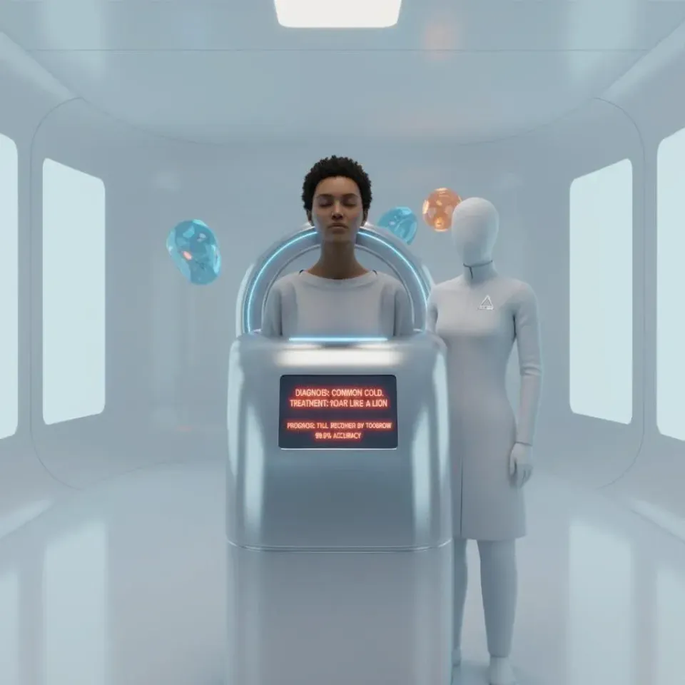  Passive patient inside a futuristic AI diagnostic pod beside a faceless robotic attendant, symbolizing automated medicine replacing human judgment.