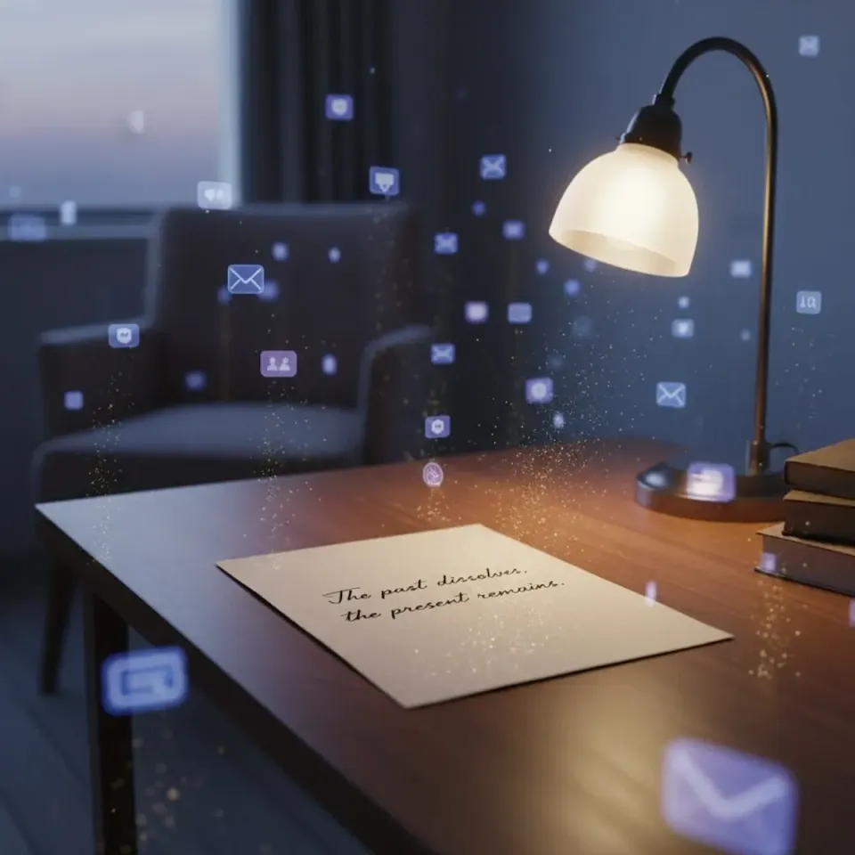 Handwritten note glowing on lamp-lit desk as algorithmic app icons fade into golden dust, symbolizing quiet writing over volume metrics