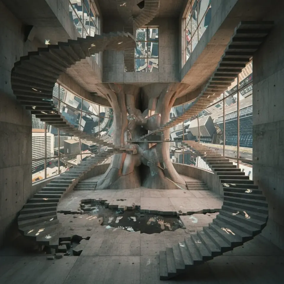 Surreal cinematic photo of an impossible building with twisting staircases spiraling around a tree-like pillar, footprints leading nowhere across a cracked floor