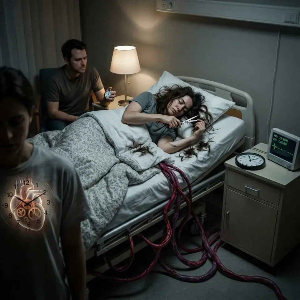 Surreal cinematic scene of a woman in a hospital bed cutting thick cords tethering her body, as a man watches with a stopwatch and another figure walks away free