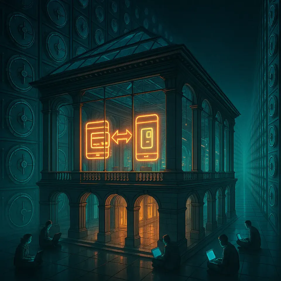 Glass museum with neon transaction exhibits surrounded by vault doors and laptop users, illustrating Bitcoin blockchain as a public ledger secured by distributed mining