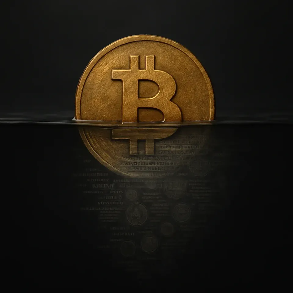 Golden Bitcoin coin half-submerged in dark water with faint reflections of regulatory text below, symbolizing Bitcoin's tension with state power