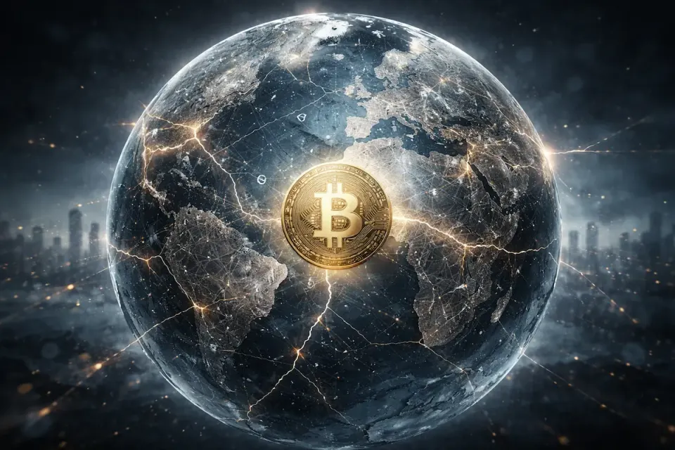 Golden Bitcoin coin glowing at the center of a cracked Earth globe with fractured continents, symbolizing Bitcoin's role in a fragmenting world 