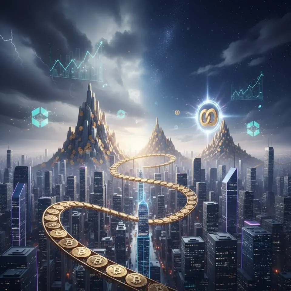 Surreal rollercoaster track made of golden Bitcoin coins winding through a futuristic city skyline, symbolizing missed financial opportunities 