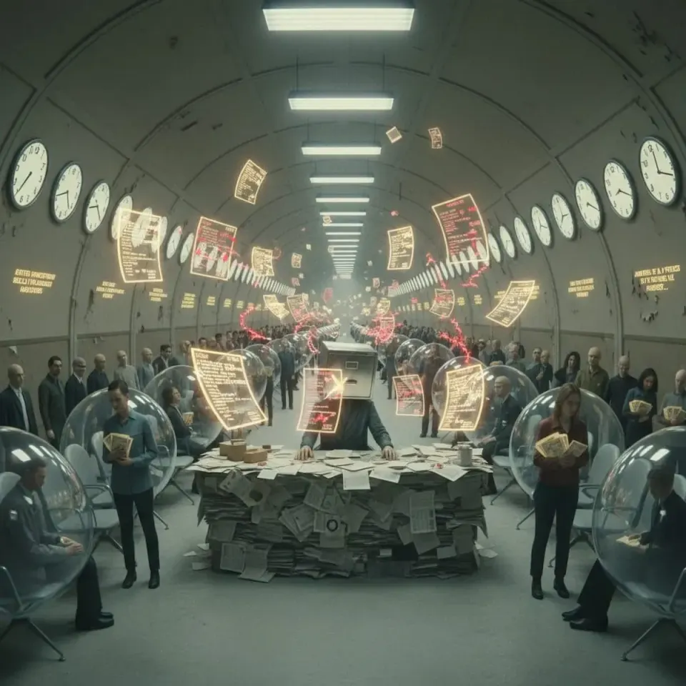 Surreal infinite waiting room with clocks lining curved walls, isolated figures in glass bubbles holding papers, and a faceless clerk buried under endless forms