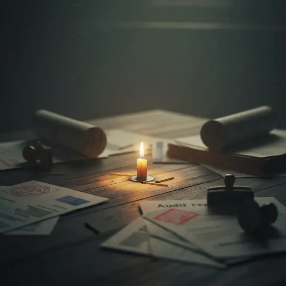 Single lit candle on wooden desk surrounded by scattered audit documents, rolled scrolls, and rubber stamps in dim quiet light 