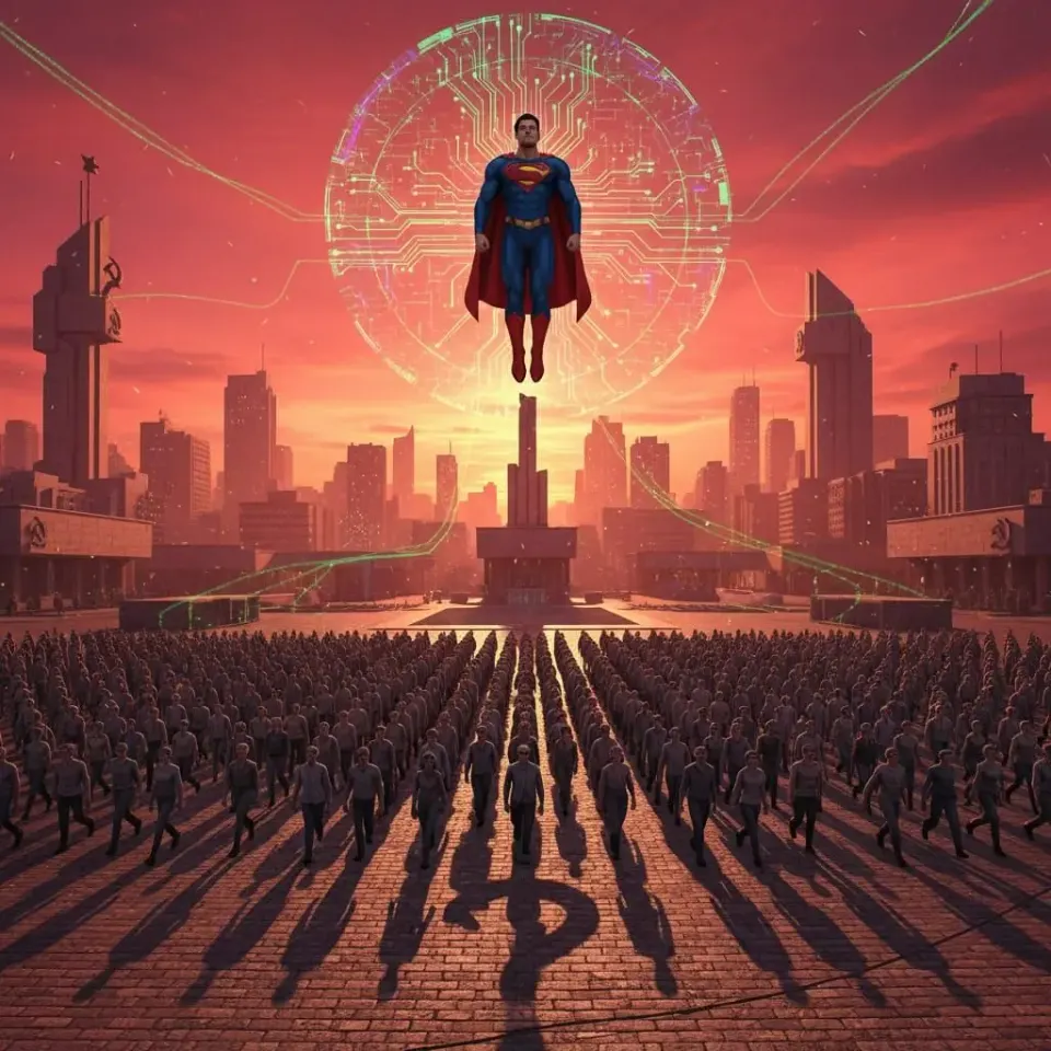 Caped hero figure hovering before glowing circuit halo above Soviet-style city, with rows of identical citizens marching in formation toward him at sunset