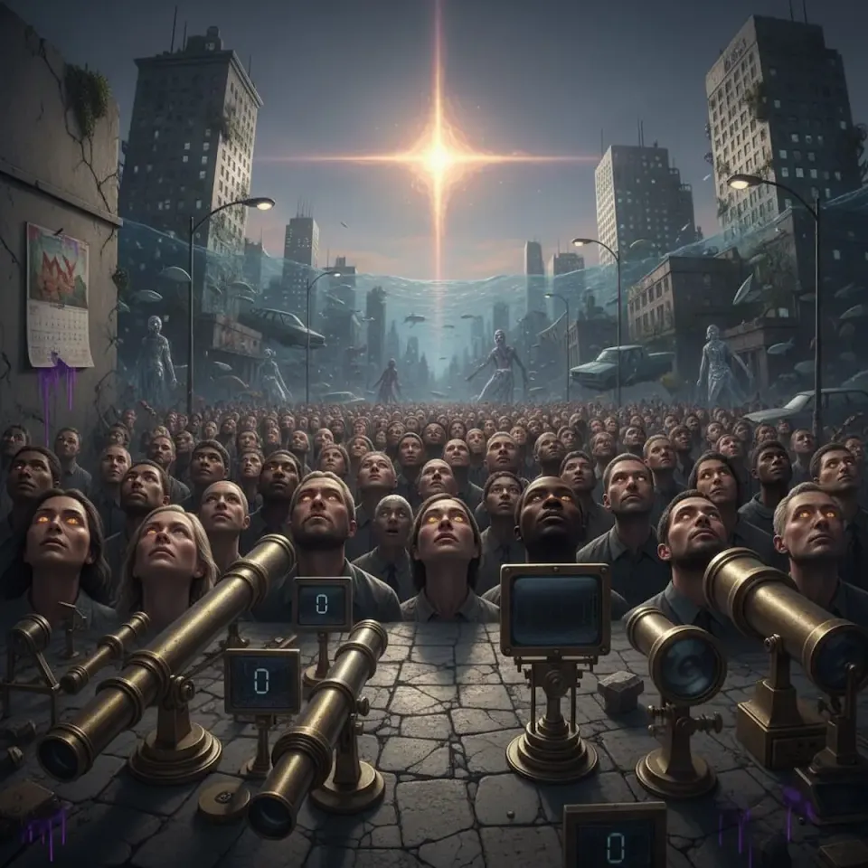 Diverse crowd with glowing eyes gazing upward at cross-shaped light above a submerged city, with brass telescopes and digital counters showing zero in foreground