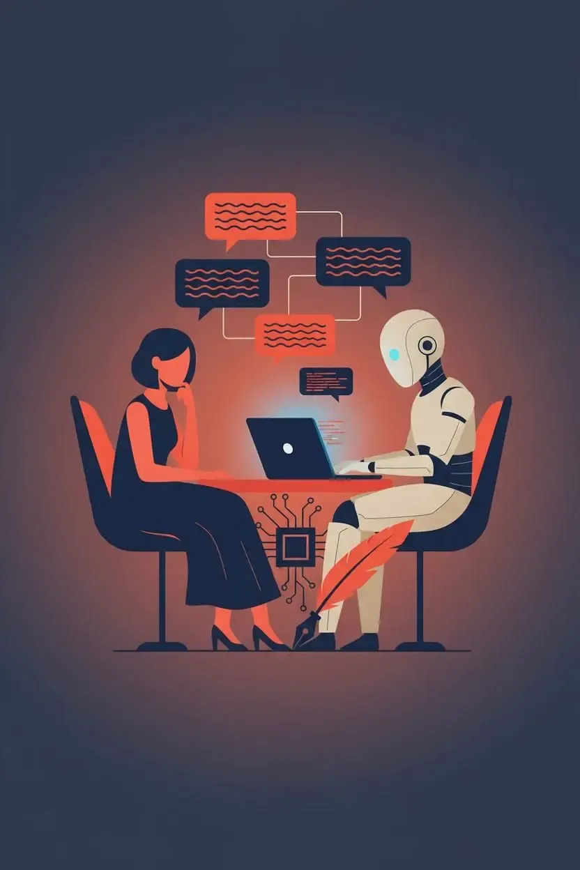 Woman and humanoid robot seated at a laptop exchanging speech bubbles, illustrating conversational drafting and human-AI collaborative writing.